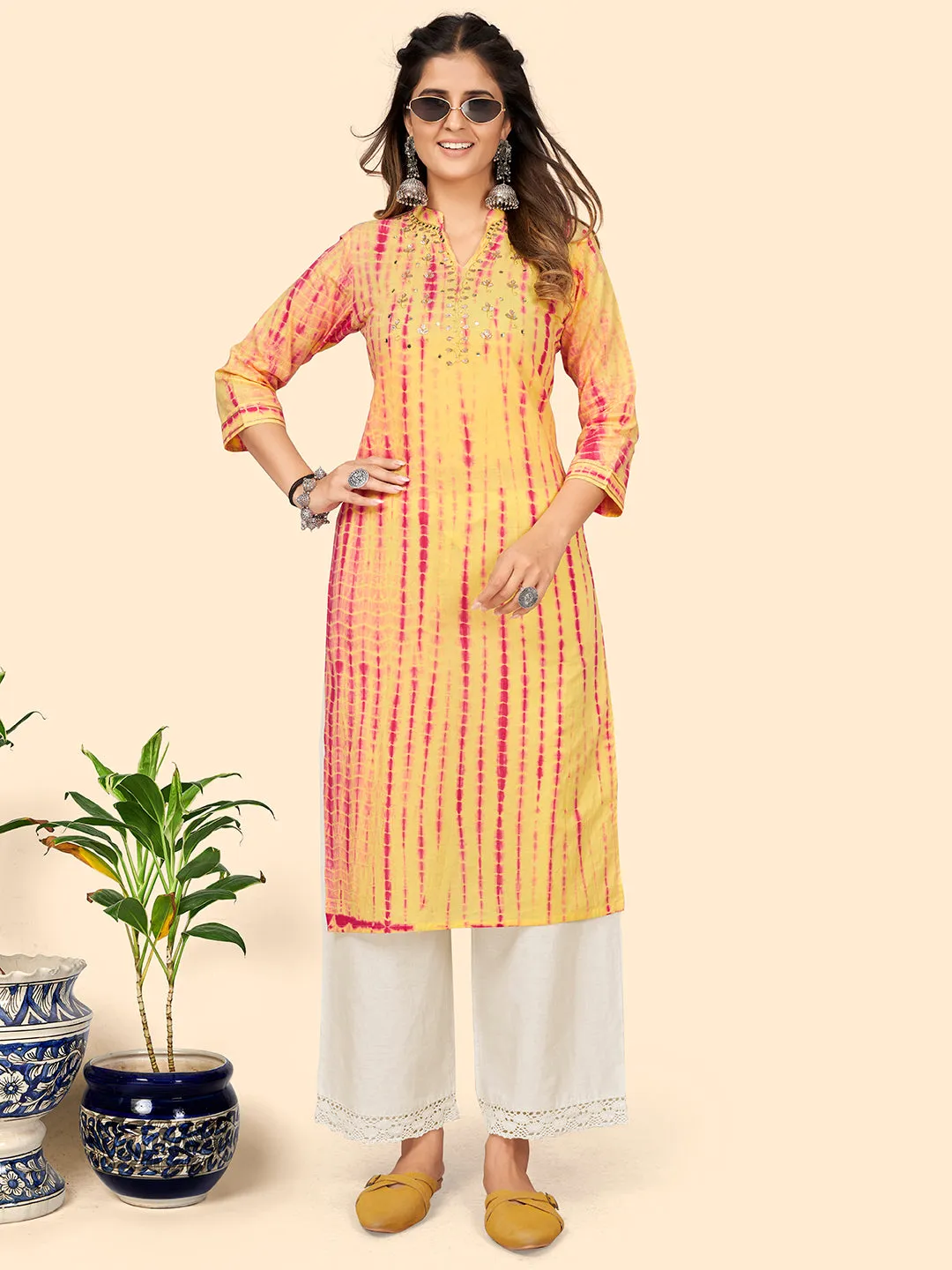 Women'S Tie & Dye Print & Gota Work Straight Cotton Yellow Stitched Kurta