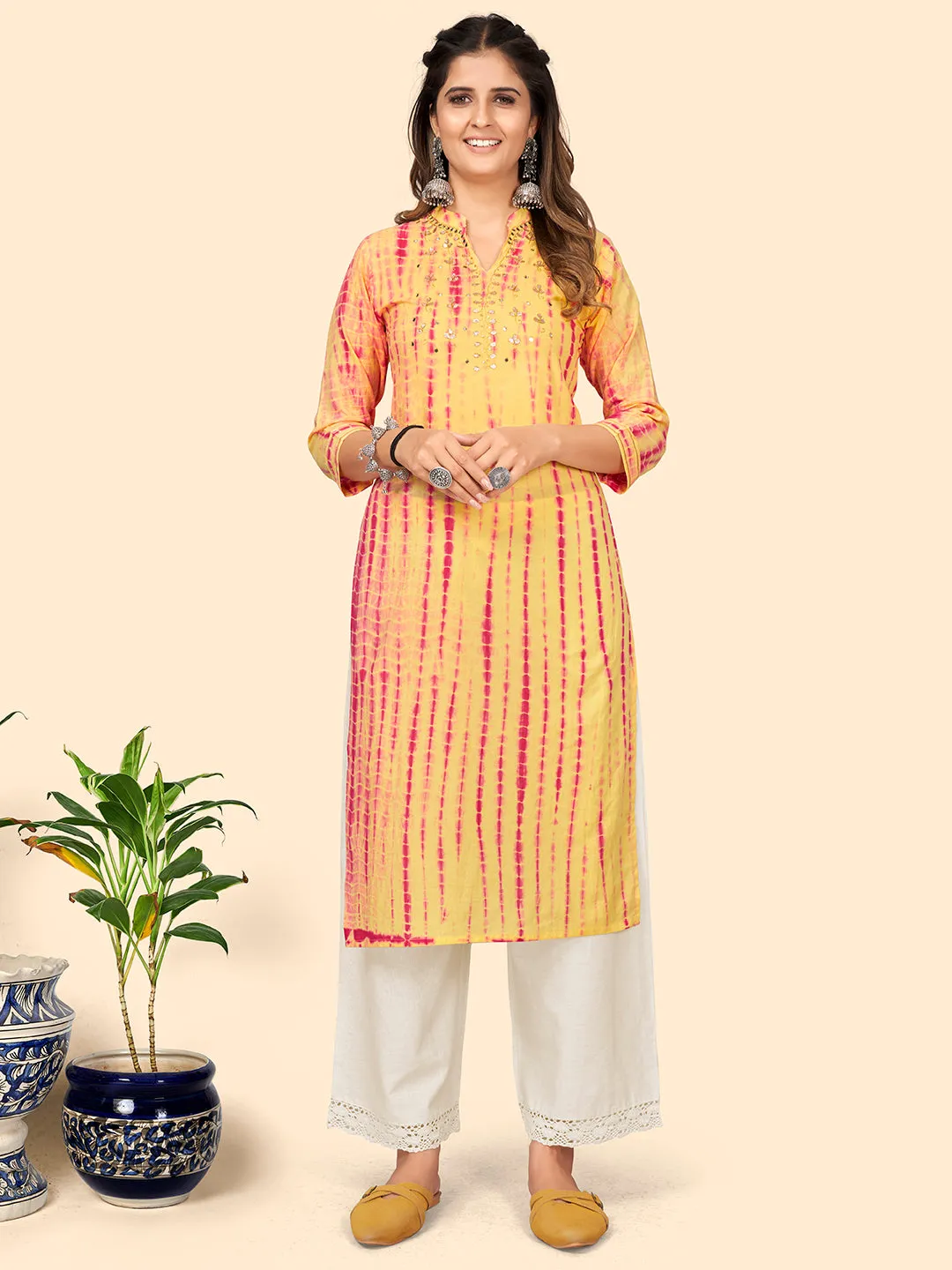 Women'S Tie & Dye Print & Gota Work Straight Cotton Yellow Stitched Kurta